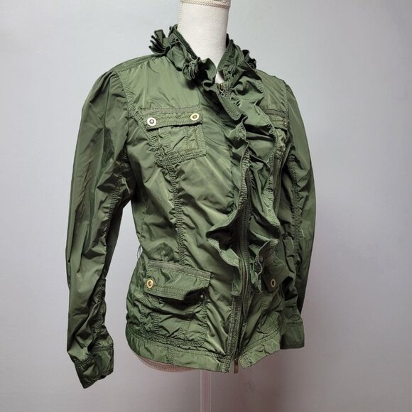 White House Black Market Ruffle Jacket Zip Pocket Green Womens Small Lightweight - Picture 1 of 11